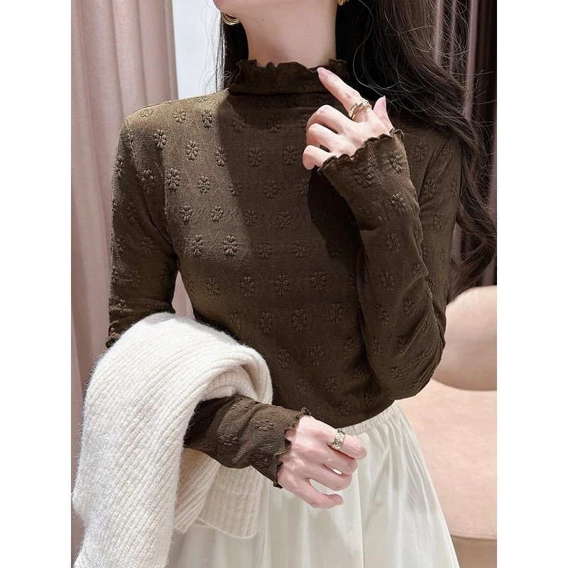 Top din dantelă cu broderie florală și margine dantelată, guler semi-înalt, mâneci lungi, dantelă din nailon 80–90%, toamnă 2024, stil urban