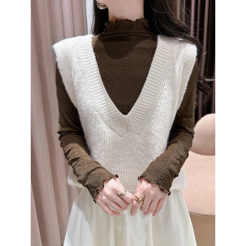 Top din dantelă cu broderie florală și margine dantelată, guler semi-înalt, mâneci lungi, dantelă din nailon 80–90%, toamnă 2024, stil urban