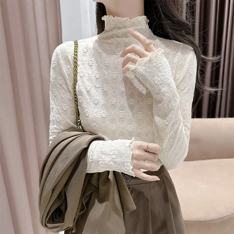 Top din dantelă cu broderie florală și margine dantelată, guler semi-înalt, mâneci lungi, dantelă din nailon 80–90%, toamnă 2024, stil urban