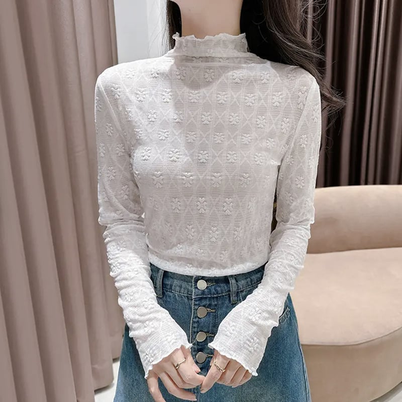 Top din dantelă cu broderie florală și margine dantelată, guler semi-înalt, mâneci lungi, dantelă din nailon 80–90%, toamnă 2024, stil urban