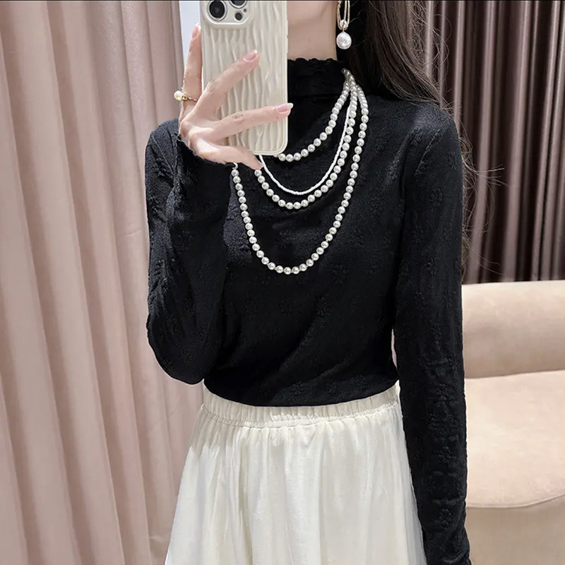 Top din dantelă cu broderie florală și margine dantelată, guler semi-înalt, mâneci lungi, dantelă din nailon 80–90%, toamnă 2024, stil urban