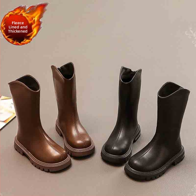 Cizme pentru fete, înălțime mare, din piele artificială, talpă de cauciuc, fermoar lateral, impermeabile cu căptușeală caldă, pentru vârste 4–16 ani, toamnă 2025