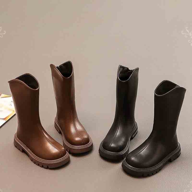 Cizme pentru fete, înălțime mare, din piele artificială, talpă de cauciuc, fermoar lateral, impermeabile cu căptușeală caldă, pentru vârste 4–16 ani, toamnă 2025
