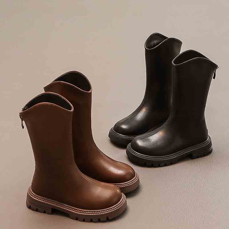 Cizme pentru fete, înălțime mare, din piele artificială, talpă de cauciuc, fermoar lateral, impermeabile cu căptușeală caldă, pentru vârste 4–16 ani, toamnă 2025