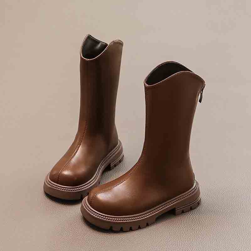 Cizme pentru fete, înălțime mare, din piele artificială, talpă de cauciuc, fermoar lateral, impermeabile cu căptușeală caldă, pentru vârste 4–16 ani, toamnă 2025