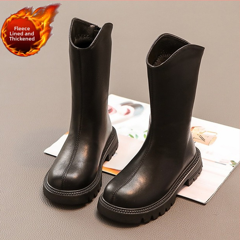 Cizme pentru fete, înălțime mare, din piele artificială, talpă de cauciuc, fermoar lateral, impermeabile cu căptușeală caldă, pentru vârste 4–16 ani, toamnă 2025