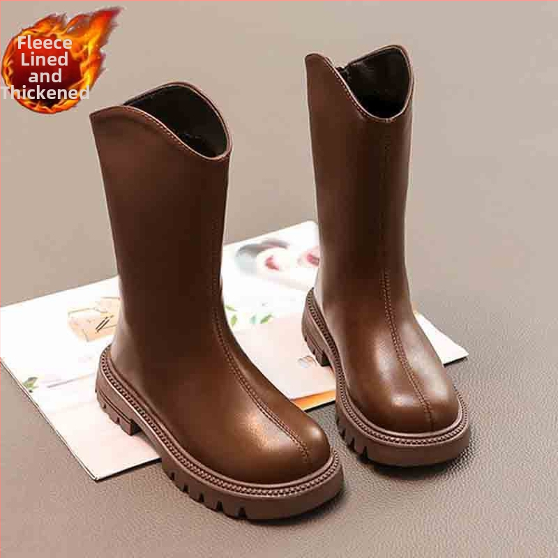 Cizme pentru fete, înălțime mare, din piele artificială, talpă de cauciuc, fermoar lateral, impermeabile cu căptușeală caldă, pentru vârste 4–16 ani, toamnă 2025