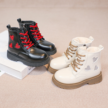 Ghete Martin pentru fetițe, căptușite cu fleece călduros, PU partea superioară, talpă din cauciuc, fermoar lateral, înălțime joasă, stil coreean, pentru iarnă/primăvară/toamnă