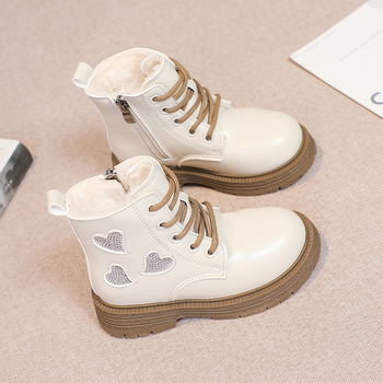 Ghete Martin pentru fetițe, căptușite cu fleece călduros, PU partea superioară, talpă din cauciuc, fermoar lateral, înălțime joasă, stil coreean, pentru iarnă/primăvară/toamnă