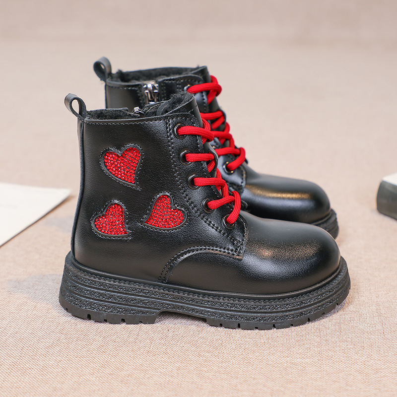 Ghete Martin pentru fetițe, căptușite cu fleece călduros, PU partea superioară, talpă din cauciuc, fermoar lateral, înălțime joasă, stil coreean, pentru iarnă/primăvară/toamnă