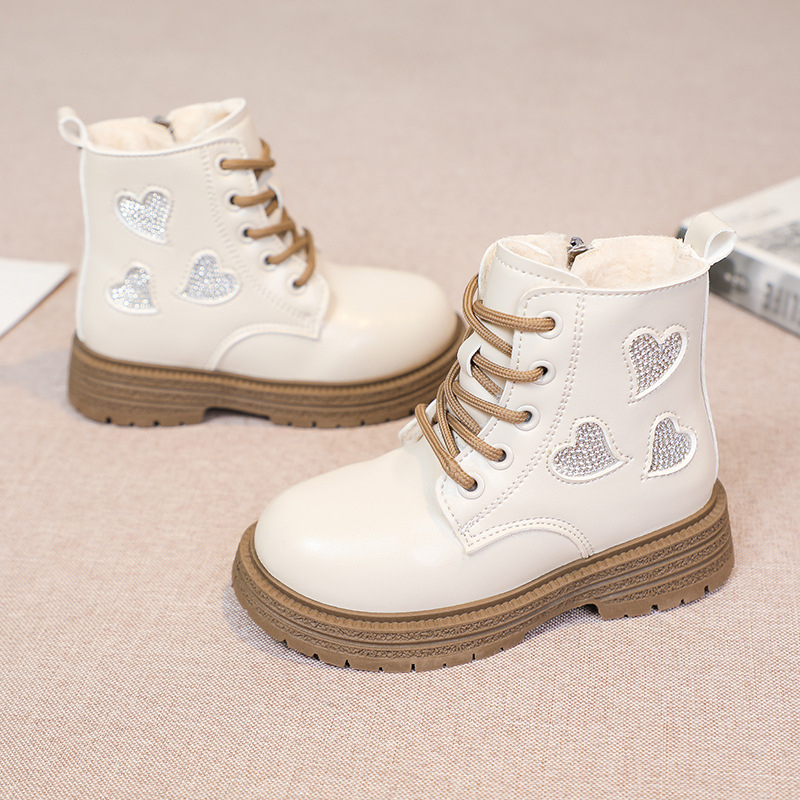 Ghete Martin pentru fetițe, căptușite cu fleece călduros, PU partea superioară, talpă din cauciuc, fermoar lateral, înălțime joasă, stil coreean, pentru iarnă/primăvară/toamnă