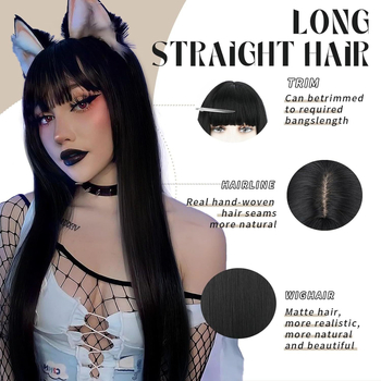 Perucă lungă cu păr drept și breton, stil Ruili, model 481, fibre rezistente la temperatură, confecționare mecanică