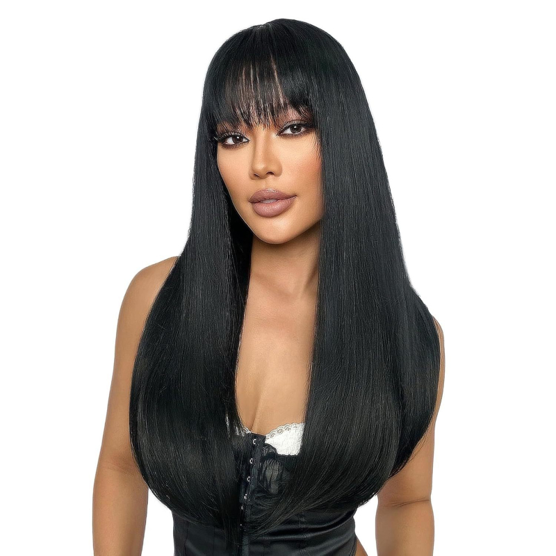 Perucă lungă cu păr drept și breton, stil Ruili, model 481, fibre rezistente la temperatură, confecționare mecanică