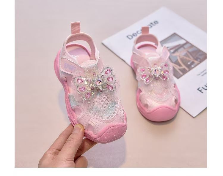 Dječje princeze sportske sandale s kristalnim ukrasima, gornji dio od mikrovlaknaste kože, potplat PVC, zatvaranje Velcro, LED svjetla