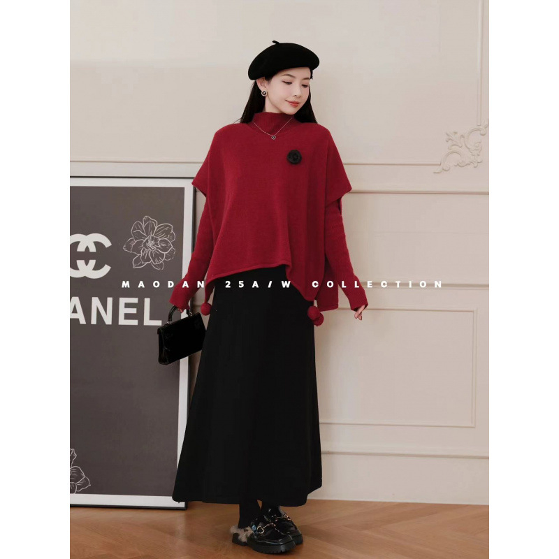 Trudnički dvodijelni set suknje — Color Block, Akrilno pleteno, Rukavi 9/10, Suknja srednje duljine