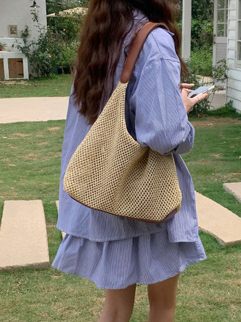 Geantă tote împletită din paie pentru femei, First Moai — textură moale, capacitate mare, închidere magnetică, curea de umăr