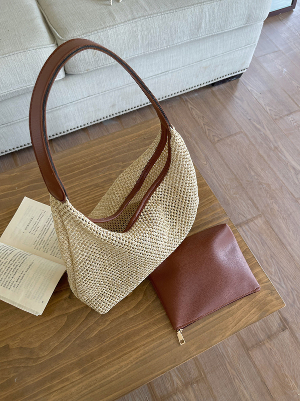 Geantă tote împletită din paie pentru femei, First Moai — textură moale, capacitate mare, închidere magnetică, curea de umăr