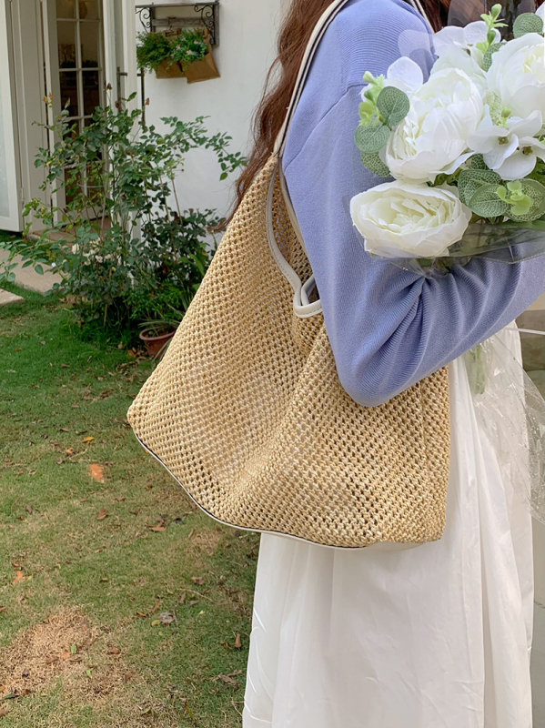 Geantă tote împletită din paie pentru femei, First Moai — textură moale, capacitate mare, închidere magnetică, curea de umăr