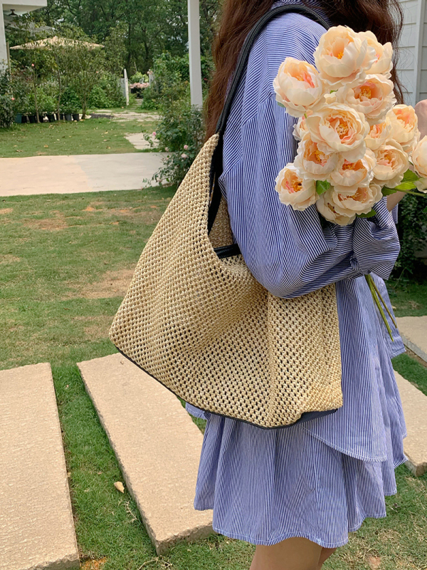 Geantă tote împletită din paie pentru femei, First Moai — textură moale, capacitate mare, închidere magnetică, curea de umăr