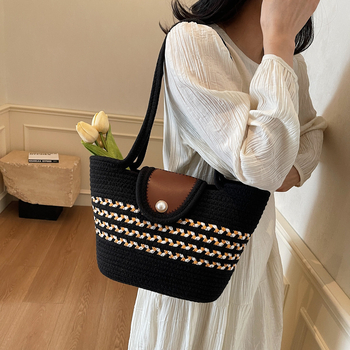 Geantă croșetată din bumbac pentru femei — geantă bucket cu curea de umăr, închidere magnetică, buzunar pentru telefon, fără căptușeală