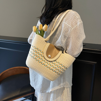 Geantă croșetată din bumbac pentru femei — geantă bucket cu curea de umăr, închidere magnetică, buzunar pentru telefon, fără căptușeală