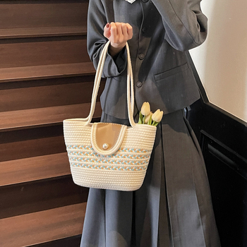 Geantă croșetată din bumbac pentru femei — geantă bucket cu curea de umăr, închidere magnetică, buzunar pentru telefon, fără căptușeală