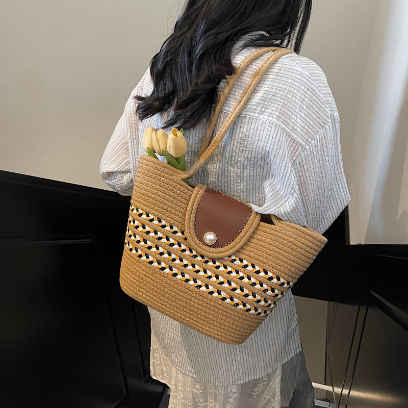 Geantă croșetată din bumbac pentru femei — geantă bucket cu curea de umăr, închidere magnetică, buzunar pentru telefon, fără căptușeală