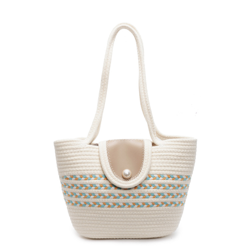 Geantă croșetată din bumbac pentru femei — geantă bucket cu curea de umăr, închidere magnetică, buzunar pentru telefon, fără căptușeală