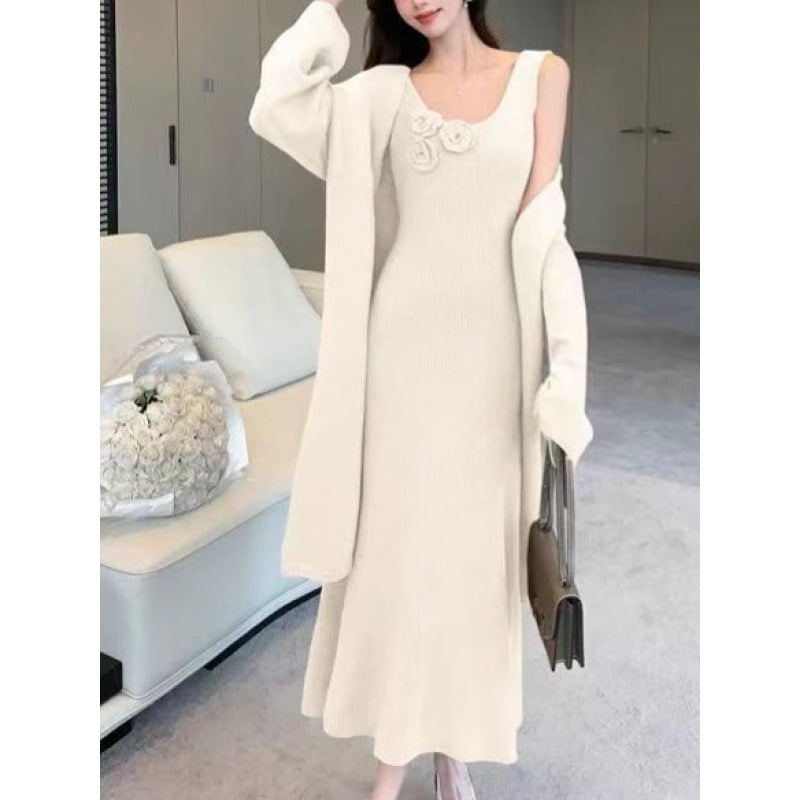 Σετ μητρότητας δύο τεμαχίων: χαλαρό πλεκτό πουλόβερ με μακριά μανίκια και μακριά φούστα-φόρεμα, 3D σχέδιο, ύφασμα βαμβακοκάσμιρ με ακρυλικό και πολυεστέρα