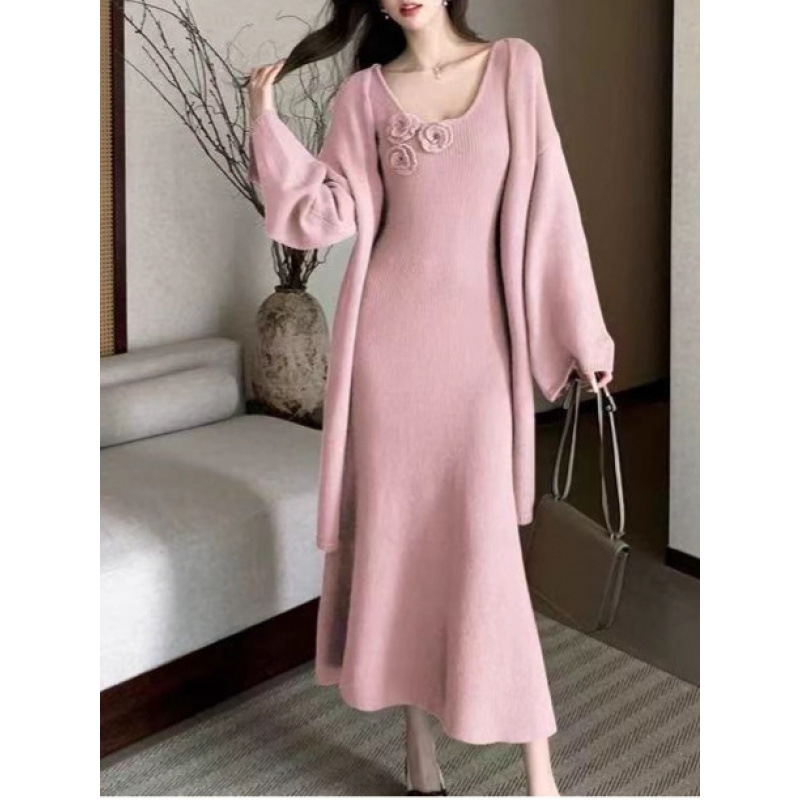 Σετ μητρότητας δύο τεμαχίων: χαλαρό πλεκτό πουλόβερ με μακριά μανίκια και μακριά φούστα-φόρεμα, 3D σχέδιο, ύφασμα βαμβακοκάσμιρ με ακρυλικό και πολυεστέρα