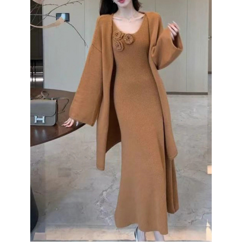 Σετ μητρότητας δύο τεμαχίων: χαλαρό πλεκτό πουλόβερ με μακριά μανίκια και μακριά φούστα-φόρεμα, 3D σχέδιο, ύφασμα βαμβακοκάσμιρ με ακρυλικό και πολυεστέρα