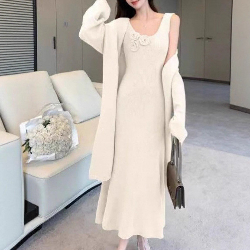 Σετ μητρότητας δύο τεμαχίων: χαλαρό πλεκτό πουλόβερ με μακριά μανίκια και μακριά φούστα-φόρεμα, 3D σχέδιο, ύφασμα βαμβακοκάσμιρ με ακρυλικό και πολυεστέρα