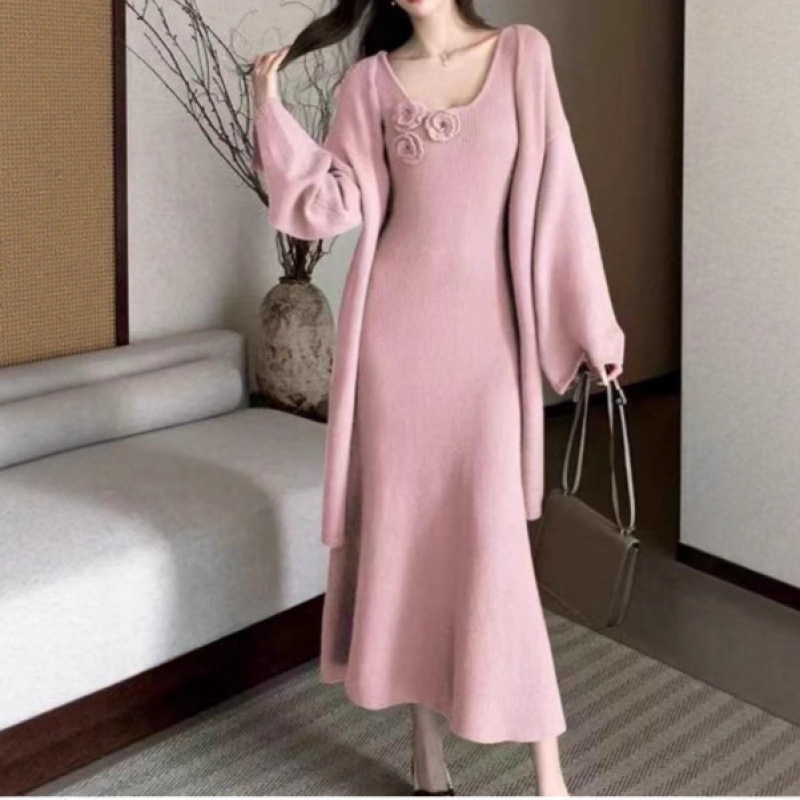 Σετ μητρότητας δύο τεμαχίων: χαλαρό πλεκτό πουλόβερ με μακριά μανίκια και μακριά φούστα-φόρεμα, 3D σχέδιο, ύφασμα βαμβακοκάσμιρ με ακρυλικό και πολυεστέρα