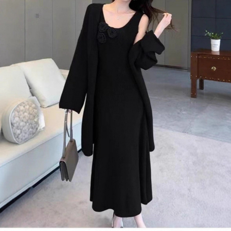 Σετ μητρότητας δύο τεμαχίων: χαλαρό πλεκτό πουλόβερ με μακριά μανίκια και μακριά φούστα-φόρεμα, 3D σχέδιο, ύφασμα βαμβακοκάσμιρ με ακρυλικό και πολυεστέρα