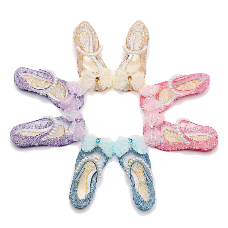 Sandale prințesă pentru fete, cu funda, închidere Velcro, parte superioară PVC și talpă PVC, design inspirat de Elsa