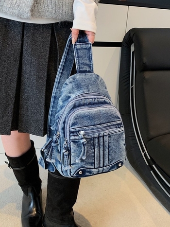Unisex Chest Bag, denim ύφασμα, κάθετη ορθογώνια μορφή, κλείσιμο με φερμουάρ, επένδυση πολυεστέρα