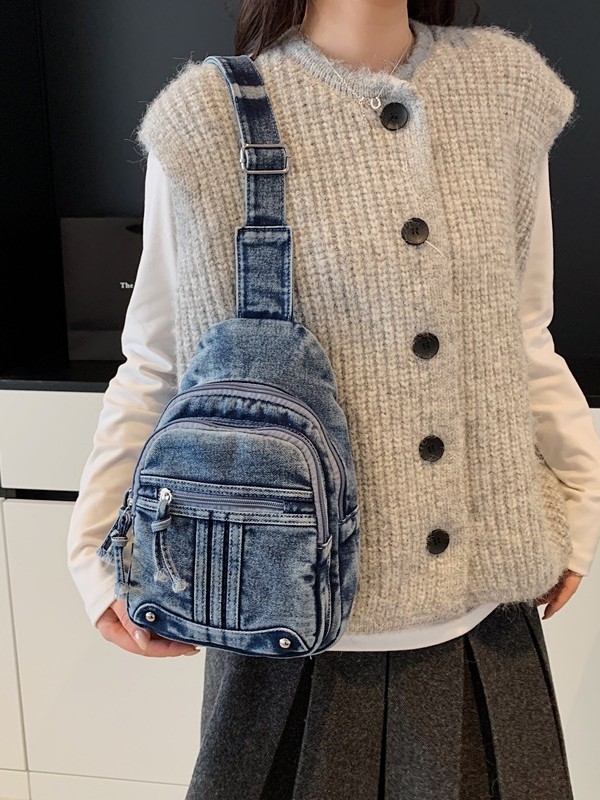 Unisex Chest Bag, denim ύφασμα, κάθετη ορθογώνια μορφή, κλείσιμο με φερμουάρ, επένδυση πολυεστέρα
