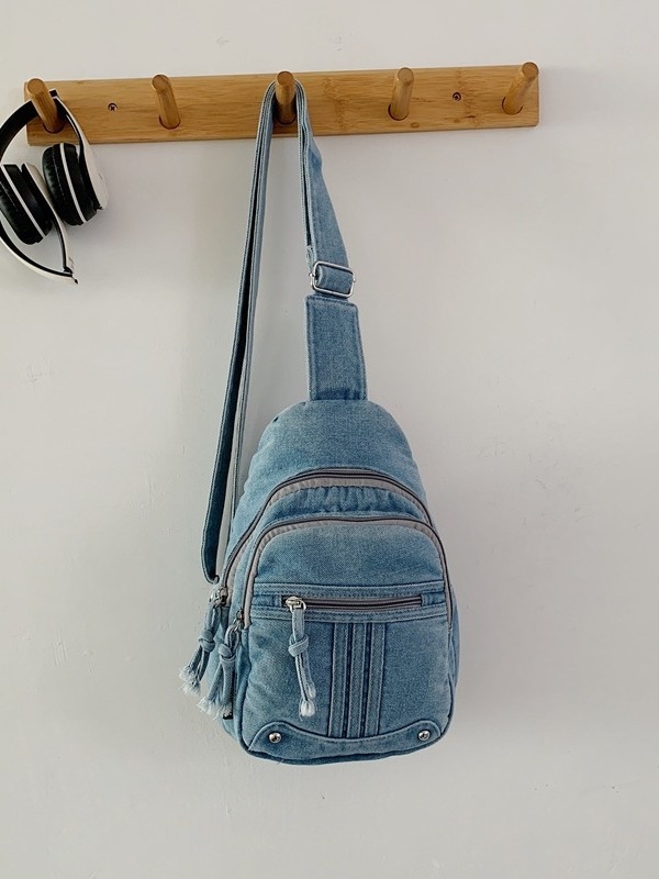 Unisex Chest Bag, denim ύφασμα, κάθετη ορθογώνια μορφή, κλείσιμο με φερμουάρ, επένδυση πολυεστέρα
