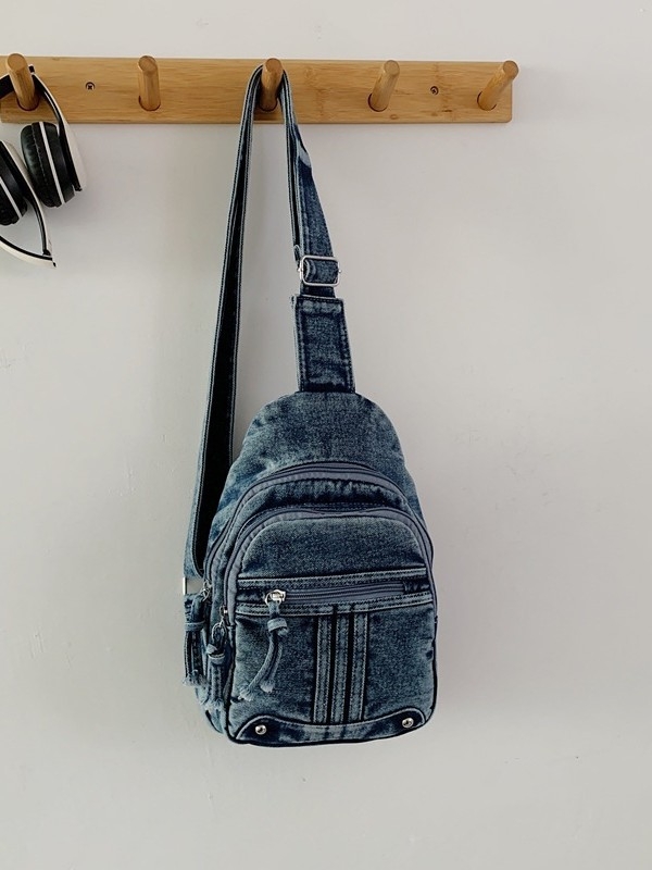 Unisex Chest Bag, denim ύφασμα, κάθετη ορθογώνια μορφή, κλείσιμο με φερμουάρ, επένδυση πολυεστέρα