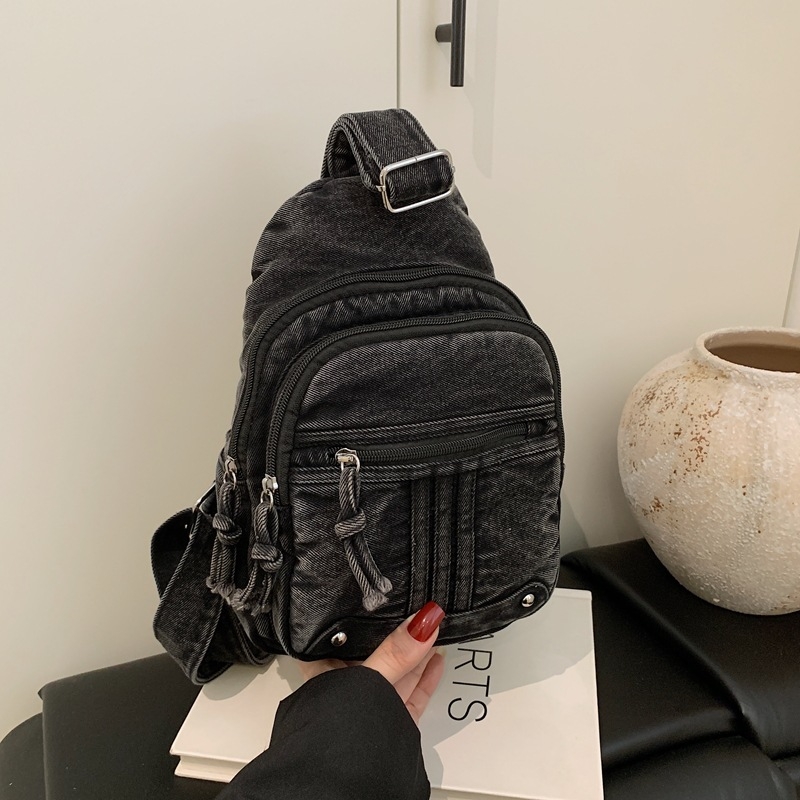 Unisex Chest Bag, denim ύφασμα, κάθετη ορθογώνια μορφή, κλείσιμο με φερμουάρ, επένδυση πολυεστέρα