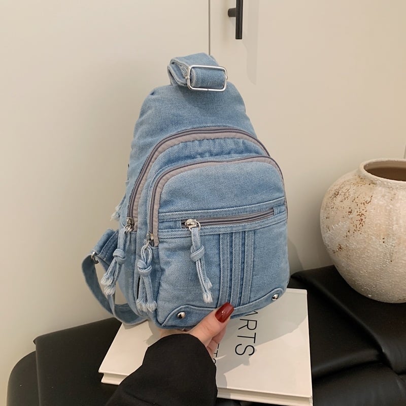 Unisex Chest Bag, denim ύφασμα, κάθετη ορθογώνια μορφή, κλείσιμο με φερμουάρ, επένδυση πολυεστέρα