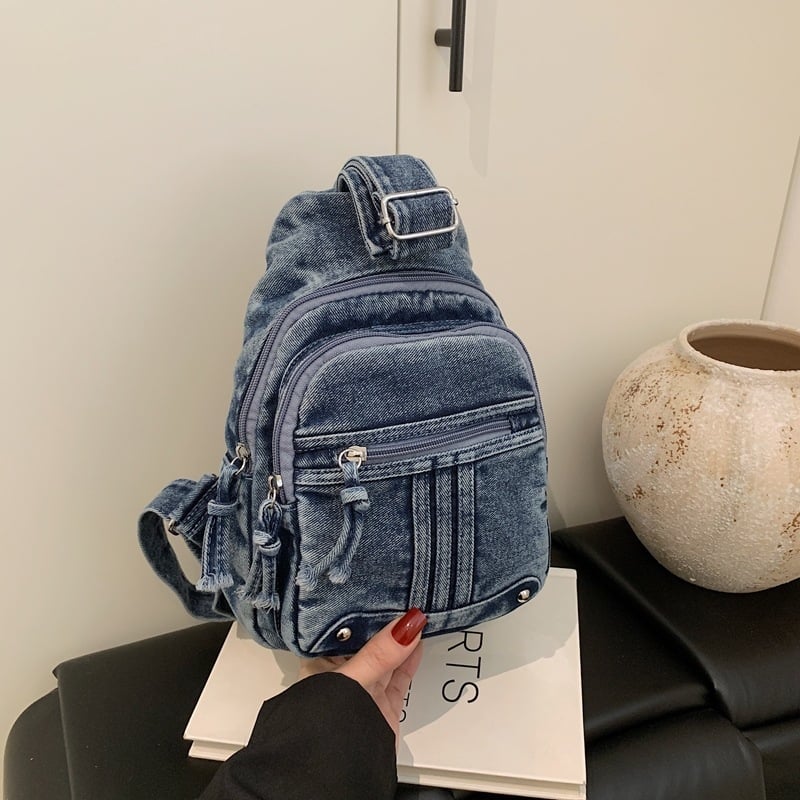 Unisex Chest Bag, denim ύφασμα, κάθετη ορθογώνια μορφή, κλείσιμο με φερμουάρ, επένδυση πολυεστέρα