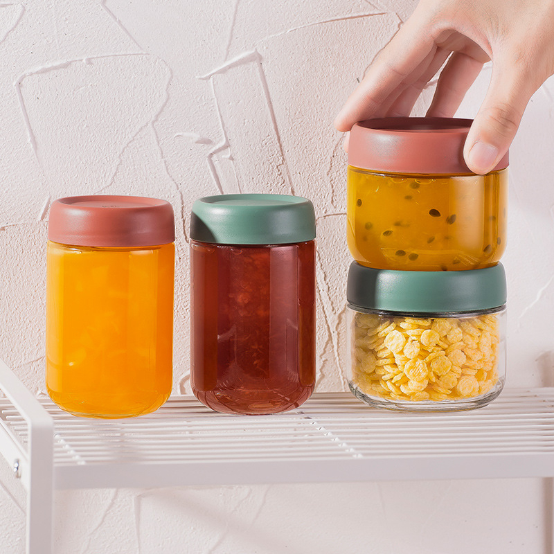 Стъклени запечатани буркани за съхранение на храна, кръгла форма, до 300 мл, модерен минималистичен стил.