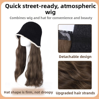 Horgászkalap paróka hosszú göndör hajjal, kötött őszi-téli stílus, természetes megjelenés, hajszálakból magas hőmérsékletű rost, frufru: egyenes vagy ferde, nem festhető és nem vasalható