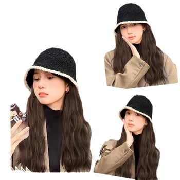 Horgászkalap paróka hosszú göndör hajjal, kötött őszi-téli stílus, természetes megjelenés, hajszálakból magas hőmérsékletű rost, frufru: egyenes vagy ferde, nem festhető és nem vasalható