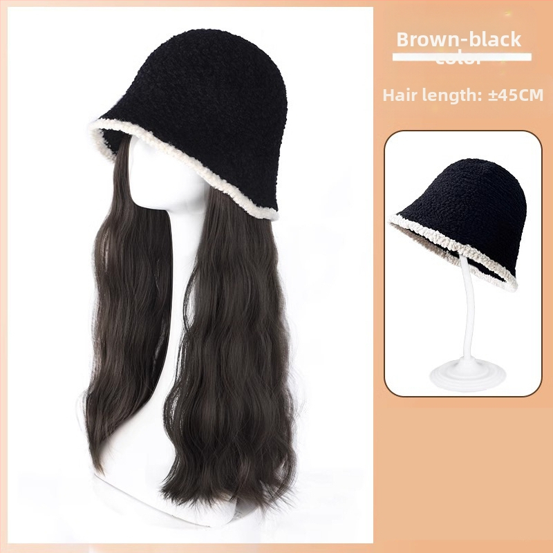 Horgászkalap paróka hosszú göndör hajjal, kötött őszi-téli stílus, természetes megjelenés, hajszálakból magas hőmérsékletű rost, frufru: egyenes vagy ferde, nem festhető és nem vasalható