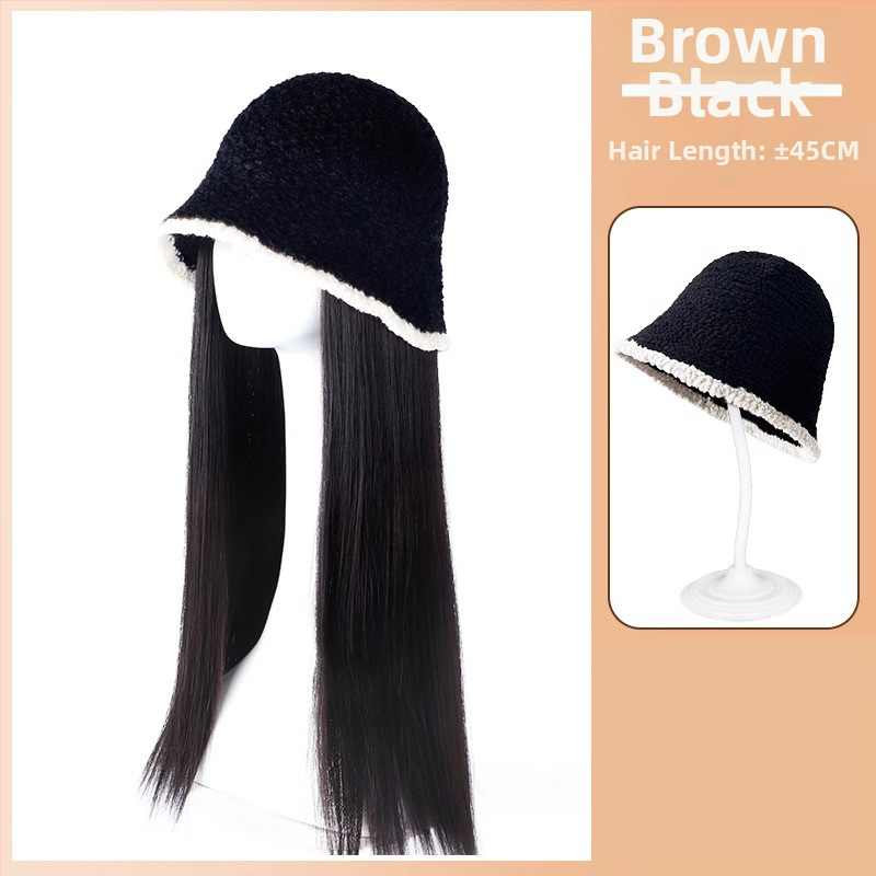 Horgászkalap paróka hosszú göndör hajjal, kötött őszi-téli stílus, természetes megjelenés, hajszálakból magas hőmérsékletű rost, frufru: egyenes vagy ferde, nem festhető és nem vasalható