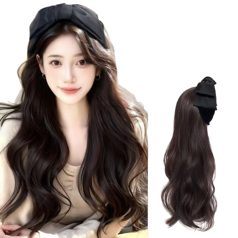 Fejbandás paróka, hosszú haj, egy darabos, levehető félfej dizájn, matt selyem haj, frufru egyenes vagy ferde