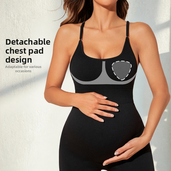 Бременна гащеризон без гръб за спорт и йога, висок талия, повдигащ ханша, бързосъхнещ найлон със спандекс, свалящи се чашки