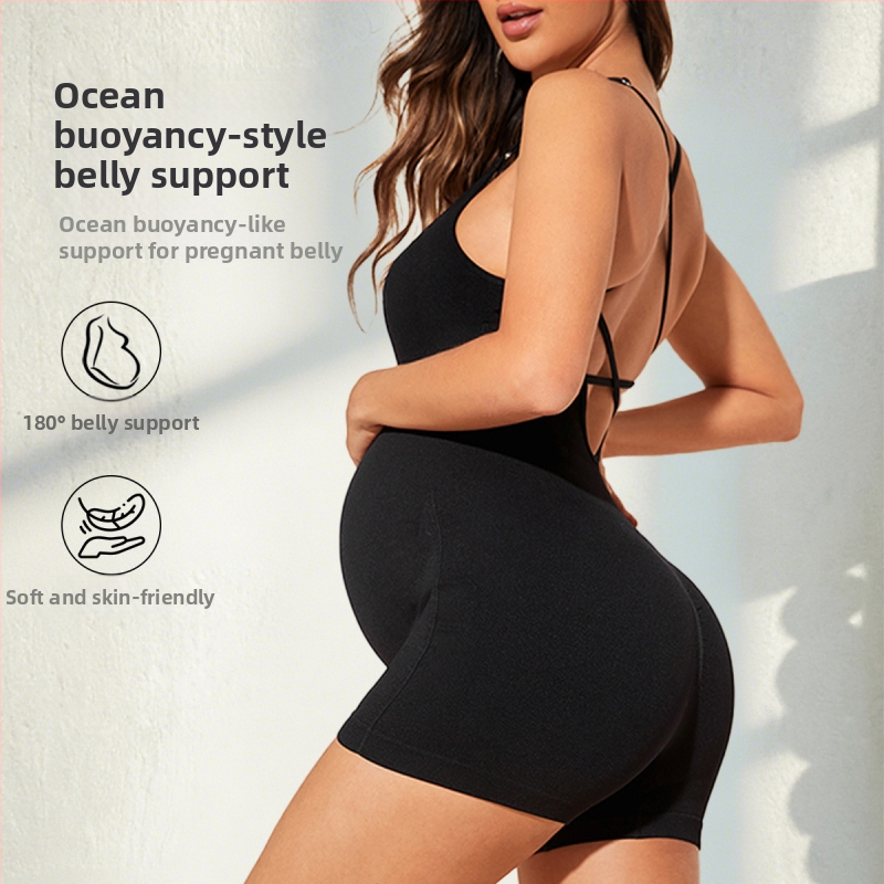 Бременна гащеризон без гръб за спорт и йога, висок талия, повдигащ ханша, бързосъхнещ найлон със спандекс, свалящи се чашки